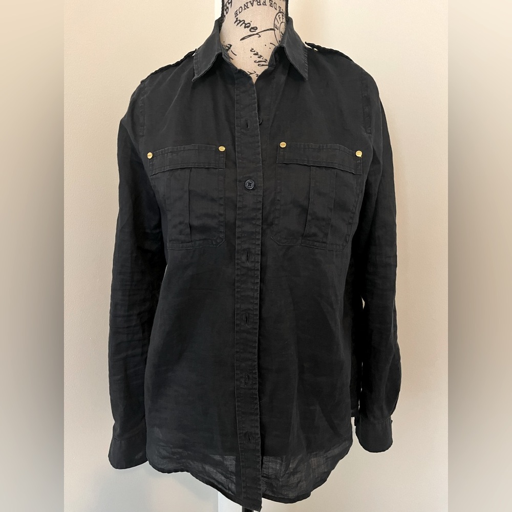 Michael Kors navy blue Ramie button up top